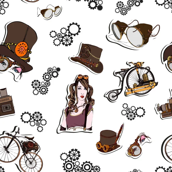 Modèle sans couture steampunk avec vieux vélo, steampunk girl, cylindre, lunettes gogla. Modèle sans couture peut être utilisé pour le papier peint, remplissage de motif, fond de page Web, textures de surface - Vecteur — Image vectorielle