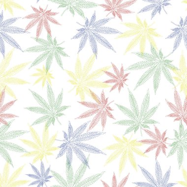 Marihuana yaprakları kusursuz desen oluşturur. Esrar bitkisinin arka planı. El çizimi biçimi.