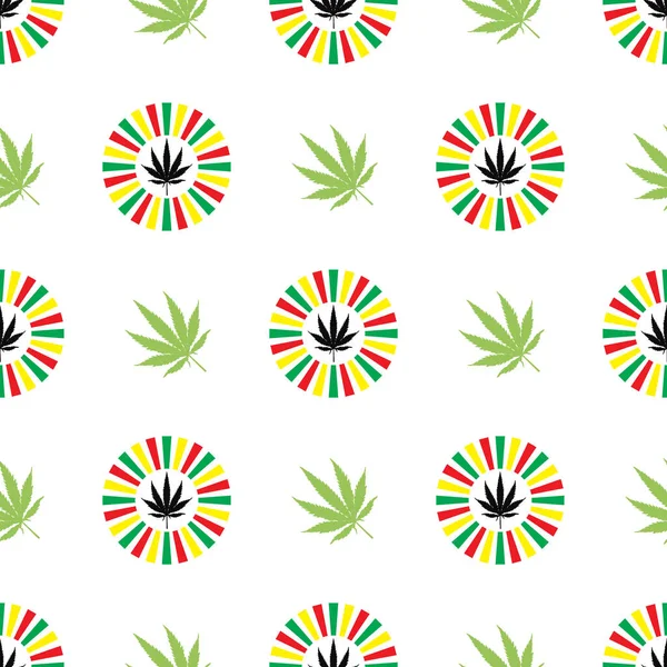 Seamless Pattern Hemp Cannabis Leaf White Circle Beam Colorful Style — Stock Vector