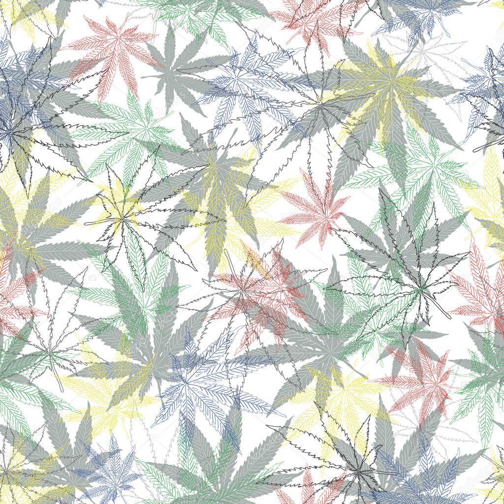 Marijuana leafs seamless pattern. Cannabis plant background. Hand drawn style.
