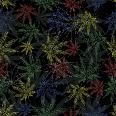 Marihuana yaprakları kusursuz desen oluşturur. Esrar bitkisinin arka planı. El çizimi stili. Vektör