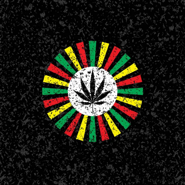 Feuille de cannabis sur fond de faisceau de cercle blanc grunge. Fond rond psychédélique rayé vert, rouge et jaune. Vecteur — Image vectorielle
