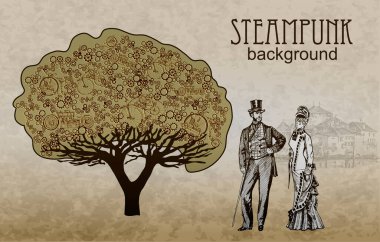 Kart için şablon steampunk tasarımı. Steampunk arkaplan çerçevesi. Tarzlı ağaç. Tarihi kostümlü bir adam ve kadın. Steampunk tarzı. Vektör