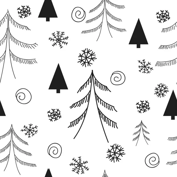 可愛いドールの森とシームレスなパターン。松の木、心、クリスマスツリー、モミ、雪の結晶。ベクトル — ストックベクタ