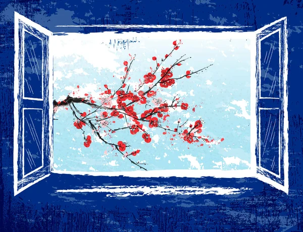 Flor de cerezo lindo realista en una ventana abierta: chino o japonés y cerezo. Fondo grunge - Vector. — Archivo Imágenes Vectoriales