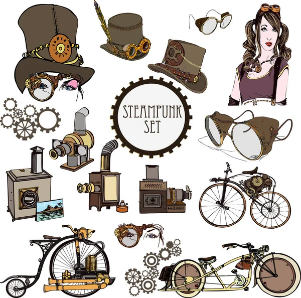 Steampunk Aufkleber Set vorhanden. Set von Oldtimer-Dampffahrrad. Steampunk Stil - Vector — Stockvektor