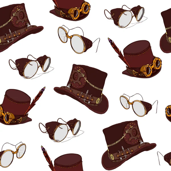 Modèle sans couture Steampunk avec cylindre de chapeau supérieur steampunk et lunettes en laiton — Image vectorielle