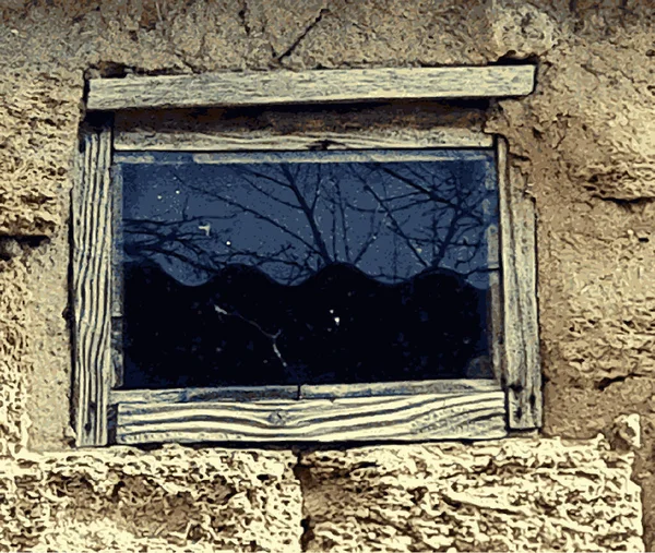 Calcário de coquina velho com janela. Janela rústica de um velho celeiro, motivo rural. Vetor — Vetor de Stock