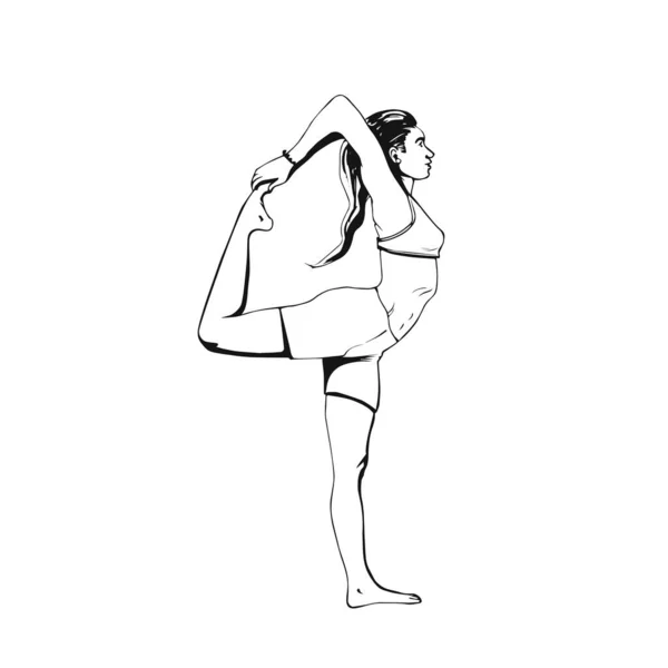 瑜珈中的年轻女子摆出自然的姿势 手绘着黑色线条艺术的矢量 瑜伽图解向量 — 图库矢量图片