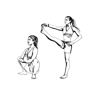 Yogadaki genç kadınlardan alınan poz malasana ve utthita hasta padangushthasana, el çizimi siyah sanatında vektör. Yoga illüstrasyon vektörü