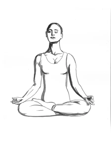 Ung kvinna i yoga poserar lotus, handritad waterclor konst av svart. Yoga illustration akvarell, format jpg — Stockfoto