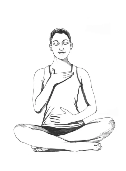 요가를 하는 젊은 여자는 연꽃 포즈를 취하고 손으로 그린 물줄기는 검은 색이다. Yoga illustration watercolor, format jpg — 스톡 사진