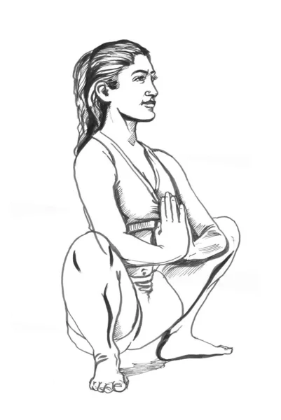 Set da giovani donne in posa yoga malasana, disegnato a mano acquerello arte del nero. Yoga acquerello illustrazione, formato jpg — Foto Stock