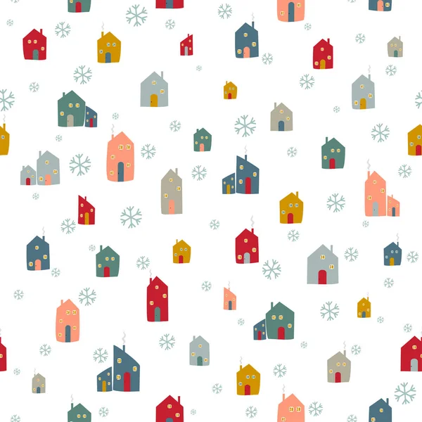 Jolies maisons confortables et flocons de neige. Modèle de Noël sans couture. Illustration vectorielle nouvelle année — Image vectorielle