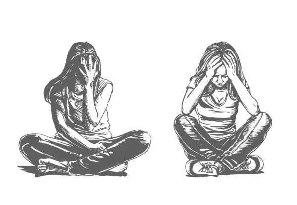 Ragazze tristi e depresse sedute sul pavimento. Adolescente depressa. Illustrazione vettoriale creativa — Vettoriale Stock