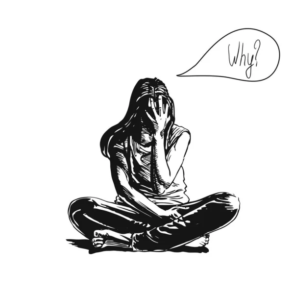 Sorgsen och deprimerad tjej sitter på golvet. En deprimerad tonåring. Text bubbla med meddelandet varför. Kreativ vektor illustration — Stock vektor