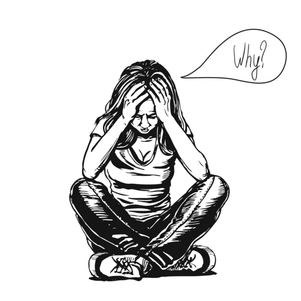 Üzgün ve depresif bir kız yerde oturuyor. Depresyondaki genç. Mesaj baloncuğunda neden olduğu yazıyor. Yaratıcı vektör illüstrasyonu