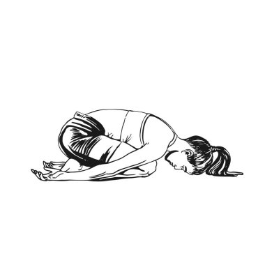 Çocuklu genç bir kadın yoga pozu veriyor, el yapımı siyah su klonu sanatı. Yoga vektör çizimi