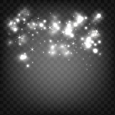 Parlayan ışık parçacıkları. Çifte maruz kalma alanı. Parlak ışık. Parlak parçacıklar. Sihirli kıvılcımlar. Bayram afişleri ve posterler için ışıltı efekti. Vektör