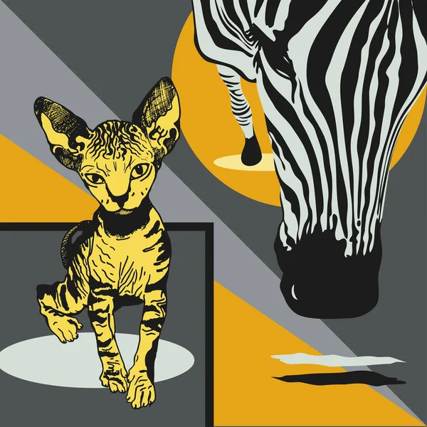 Graphical poster with head zebra closeup and cat sphinx on geometric background, vector illustration in pop art collage style. Vector — Stock Vector