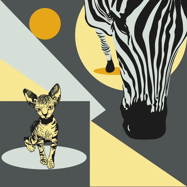 Baş zebranın yakın planına sahip grafiksel poster ve geometrik arka planda kedi sfenksi, pop sanat kolajı tarzında vektör illüstrasyonu. Vektör