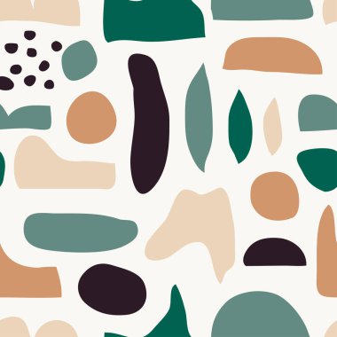 Seamless repeating pattern featuring abstract organic and geometric shapes in earthy colors. Perfect for fabric design, packaging and branding projects, art prints, wallpaper and wrapping paper clipart