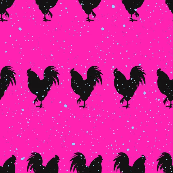 Pop art seamless pattern with dots acid and rooster silhouette seamless pattern on pink background. Vector — Stock Vector