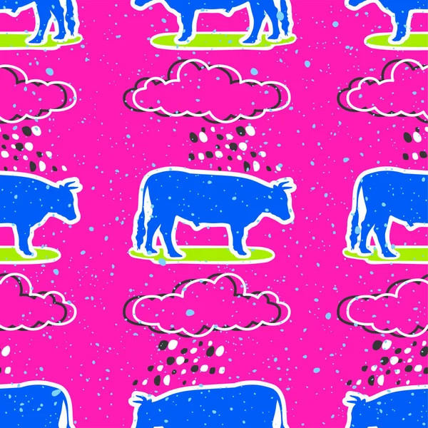 Pop-Art nahtlose Muster geometrische modern mit bunten Säure und Stier und Wolken Silhouette nahtlose Muster-Layout mit Kreis Flecken. Vektor — Stockvektor