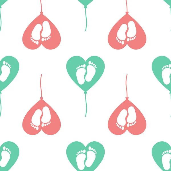 Zielony i różowy balon serca pomóc dzieciom symbol ikony odizolowany bezszwowy wzór na białym tle. Znak zbiórki pieniędzy na serce. Stylizowany odcisk serca z dziecięcymi stopami. Wektor — Wektor stockowy