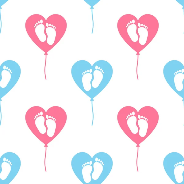 Ballon coeur bleu et rose aider les bébés symbole icône isolé motif sans couture sur fond blanc. Signe de collecte de fonds. Une empreinte de coeur stylisée avec des pieds bébé. Vecteur — Image vectorielle