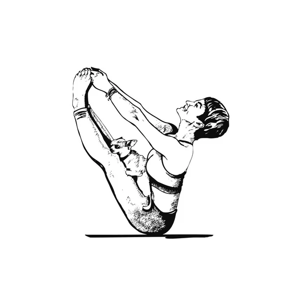 Mujer joven con perro, arte dibujado a mano de negro. Ilustración vectorial yoga. Vector — Vector de stock