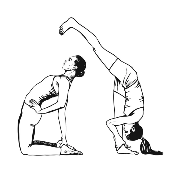 Unga kvinnor som poserar yoga, handritad konst av svart. Yoga vektor illustration. Vektor — Stock vektor