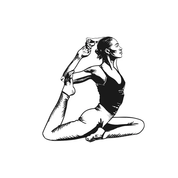 Young woman in pose yoga, hand drawn art of black. Yoga vector illustration - Stok Vektor