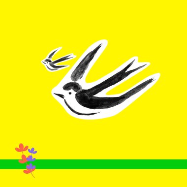 Kuşlar sarı arka planda suluboya çizimler yutar. Sanat kolajı. Vektör