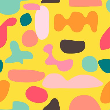 Lezzetli renklerde soyut organik ve geometrik şekiller içeren kusursuz desenler. Kumaş tasarımı, ambalaj ve markalaşma projeleri, resim baskıları, duvar kağıtları ve ambalaj kağıtları için mükemmel. Vektör