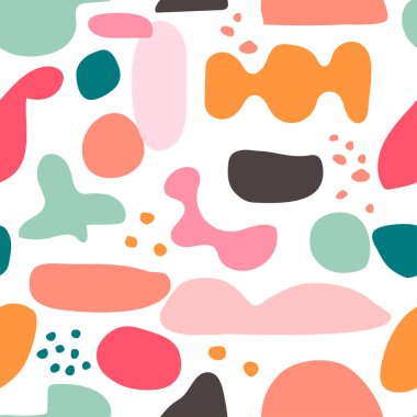 Lezzetli renklerde soyut organik ve geometrik şekiller içeren kusursuz desenler. Kumaş tasarımı, ambalaj ve markalaşma projeleri, resim baskıları, duvar kağıtları ve ambalaj kağıtları için mükemmel. Vektör