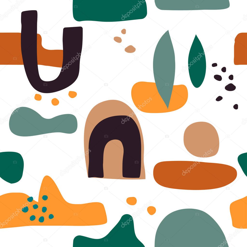 Seamless repeating pattern featuring abstract organic and geometric shapes in earthy colors. Perfect for fabric design, packaging and branding projects, art prints, wallpaper and wrapping paper
