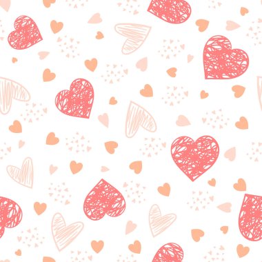 Background with pink hand drawn confetti hearts for valentine time. Seamless pattern doodle style. Vector