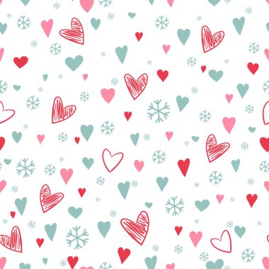 Sevimli karalamalar, kalpler ve kar taneleriyle el çizimi, pürüzsüz desen. Aşk teması, sevgililer günü. Vektör
