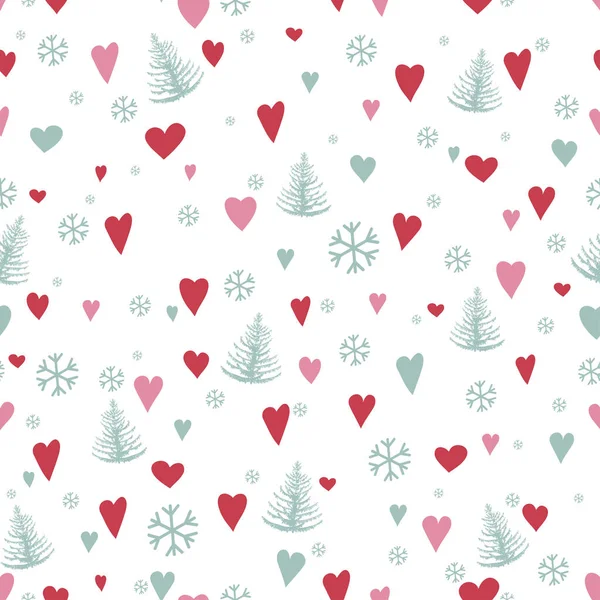 Silhouettes seamless pattern with cute forest and hearts and snowflakes. Pine trees, Christmas trees, fir. Vector — Stock Vector