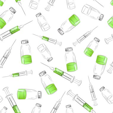 İlaç şişesi ve şırıngayla el izi yok. Aşı, sağlık, insanlar ve hayvanlar için ilaç teması. Tıbbi geçmişi var. Vektör