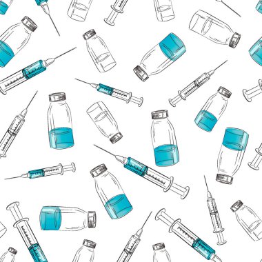 İlaç şişesi ve şırıngayla el izi yok. Aşı, sağlık, insanlar ve hayvanlar için ilaç teması. Tıbbi geçmişi var. Vektör