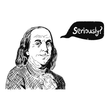 El çizimi vektör portresi. Benjamin Franklin ve soru soran konuşma balonu. Rüzgarın eskizini çiz. Vektör