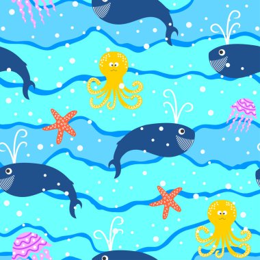 Deniz sakinleriyle kusursuz çizgi film desenleri - balina, ahtapot, denizyıldızı, mavi arka plan dalgaları üzerinde denizanası. Vektör