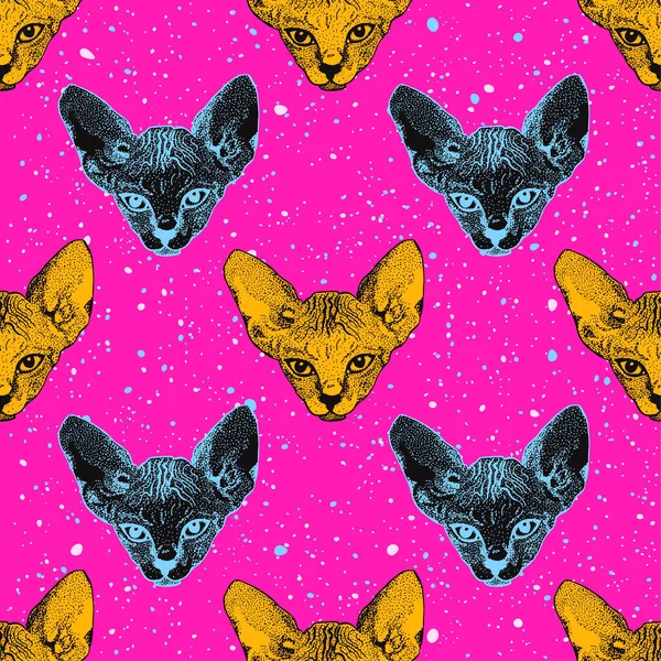머리는 새끼 고양이를 스핑크스한다. The heads cat on the acid pink background with dots memphis. 인쇄 팝 아트 테마, 티셔츠. Vector — 스톡 벡터