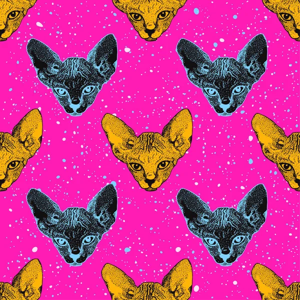 Heads sphinx kittens. The heads cat on the acid pink background with dots memphis. Print Pop art theme, T-shirts. Vector