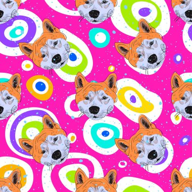 Pop sanat eserleri kusursuz geometrik modern renkli asitli ve baş köpek Shiba inu 'nun dairesel benekli kusursuz desenli düzeni. Renkli soyut çemberli çizim pop sanatı. Vektör