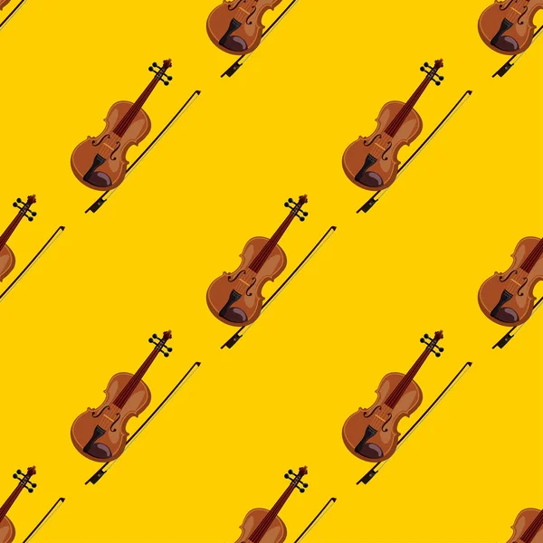 黄色の背景のシームレスなパターンに楽器のバイオリン。ベクトル — ストックベクタ