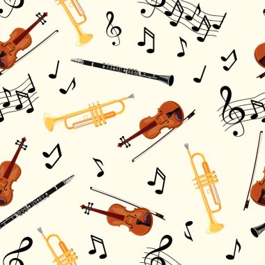 Seamless pattern with violins, pipe, oboe and notes on white background. Art vector illustration clipart