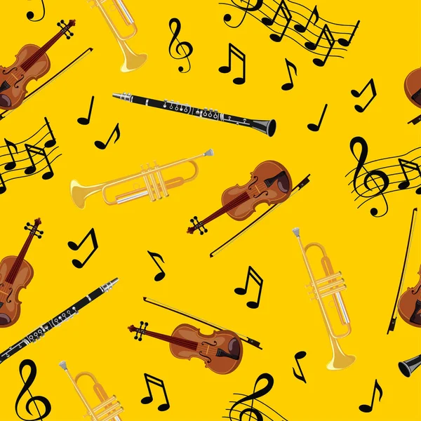 Patrón sin costuras con violines, pipa, oboe y notas sobre fondo amarillo. Arte vector ilustración — Vector de stock